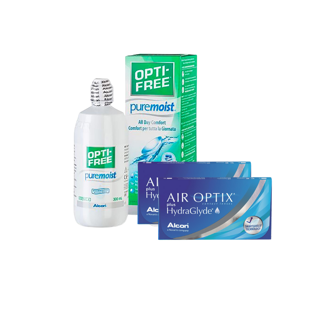 2 Cx AIR OPTIX Plus HydraGlyde 3 lentes + 1x Optifree Pure Moist 300 ML