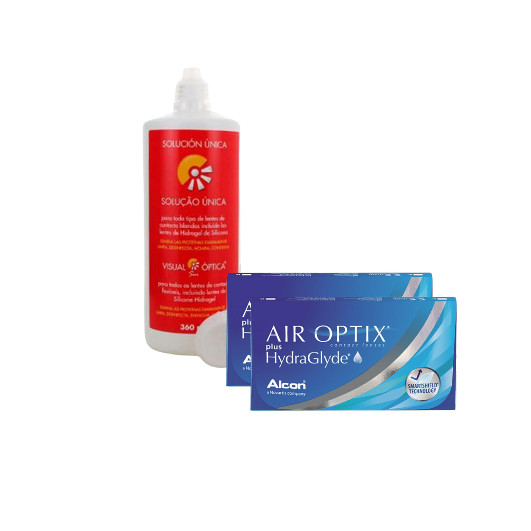 2Cx AIR OPTIX Plus HydraGlyde 3 lentes + Solução Unica 300 ML