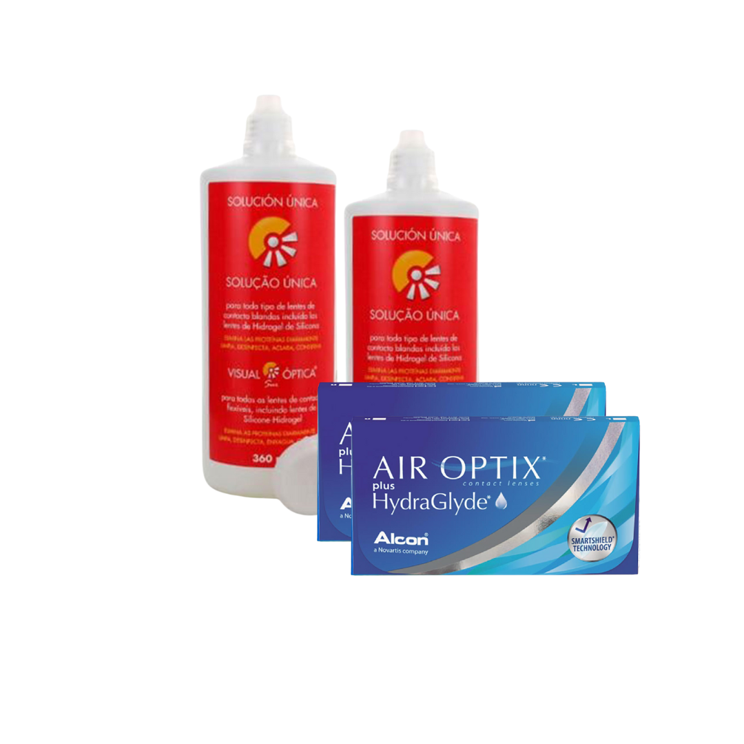 2 Cx AIR OPTIX Plus HydraGlyde 6 lentes + 2x Solução Unica 300 ML
