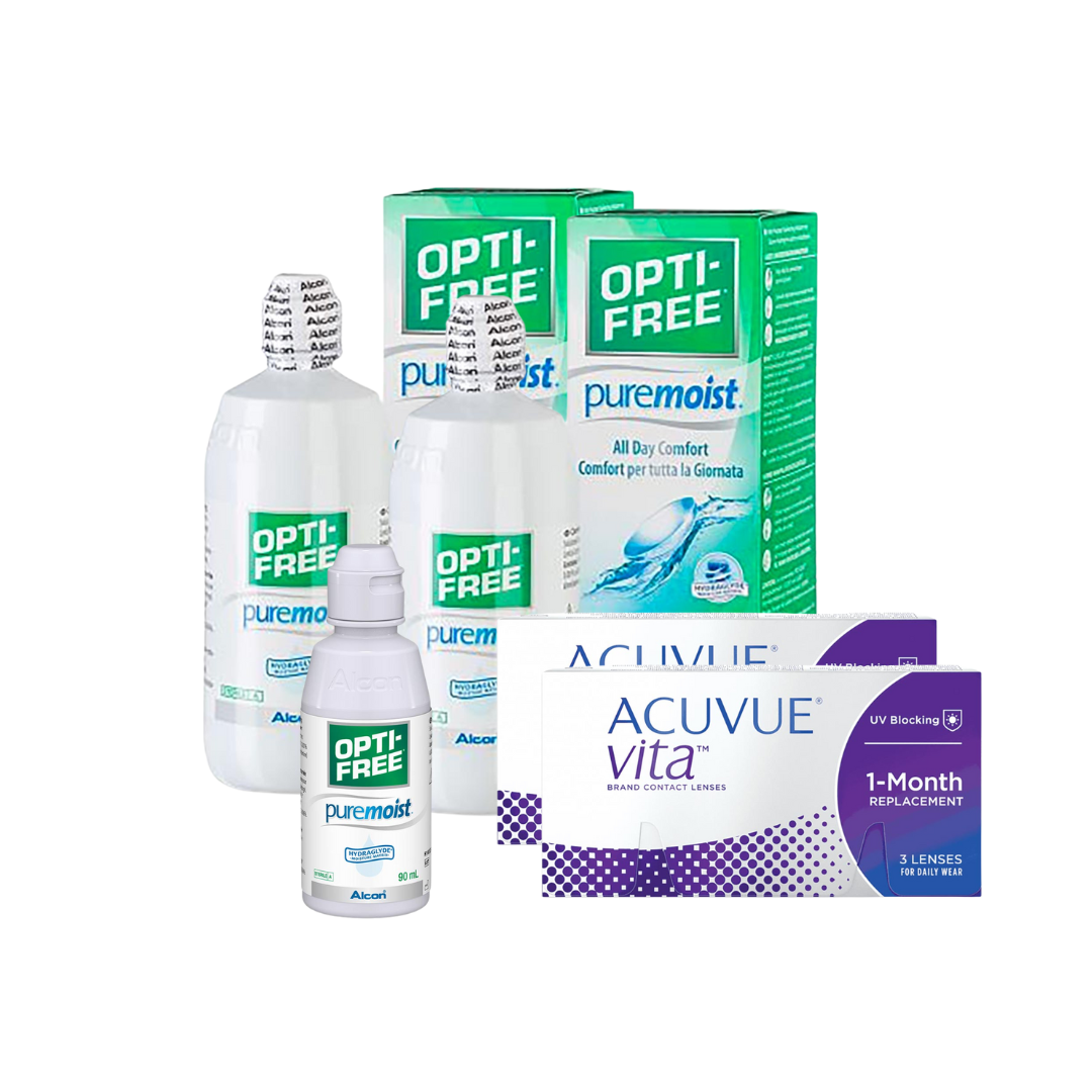 2 Cx Acuvue Vita 6 Lentes + 2x Optifree Pure Moist 300 ML + Kit Viagem