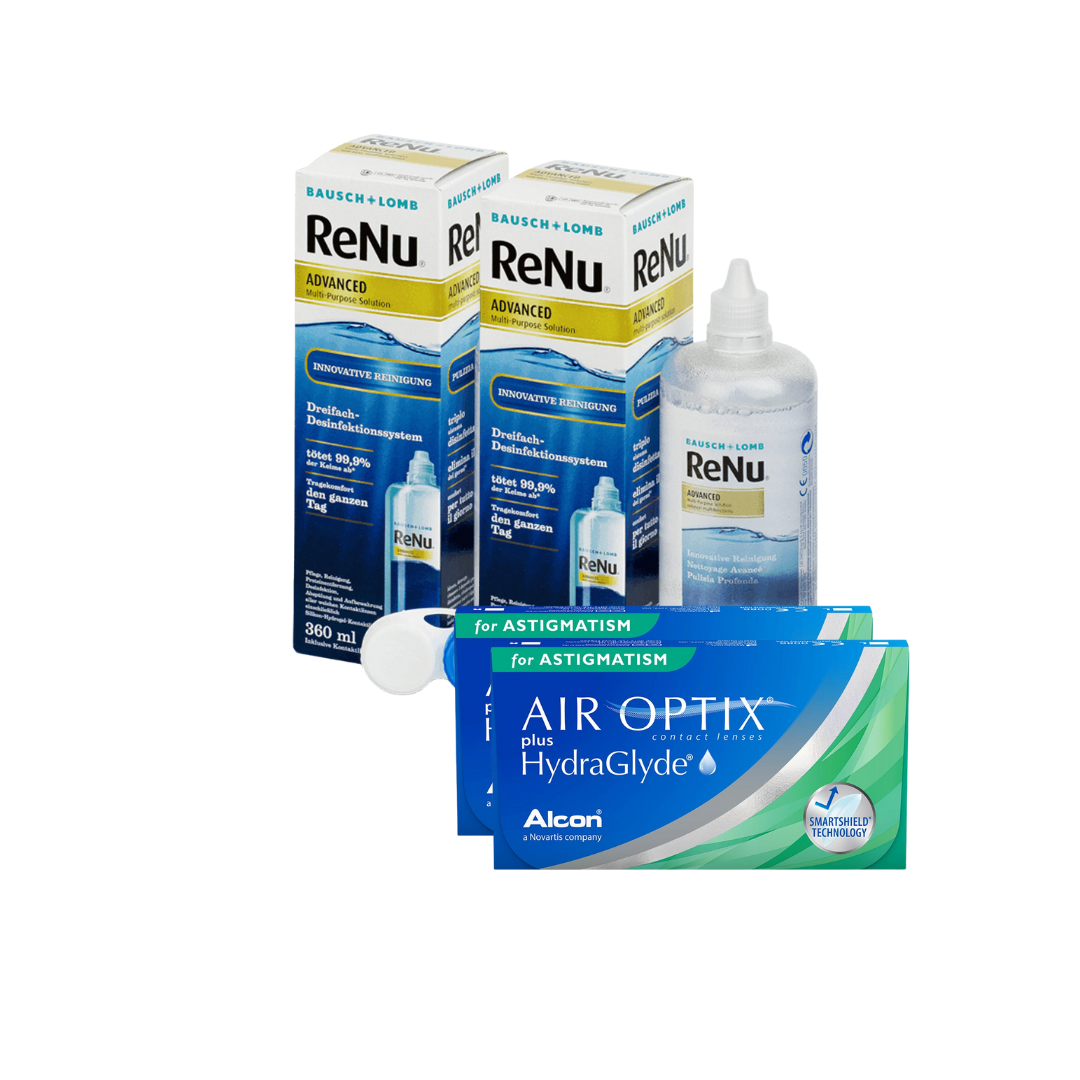 2 Cx AIR OPTIX Plus HydraGlyde for Astigmatism 6 lentes + 2 Renu Advanced 300 ML