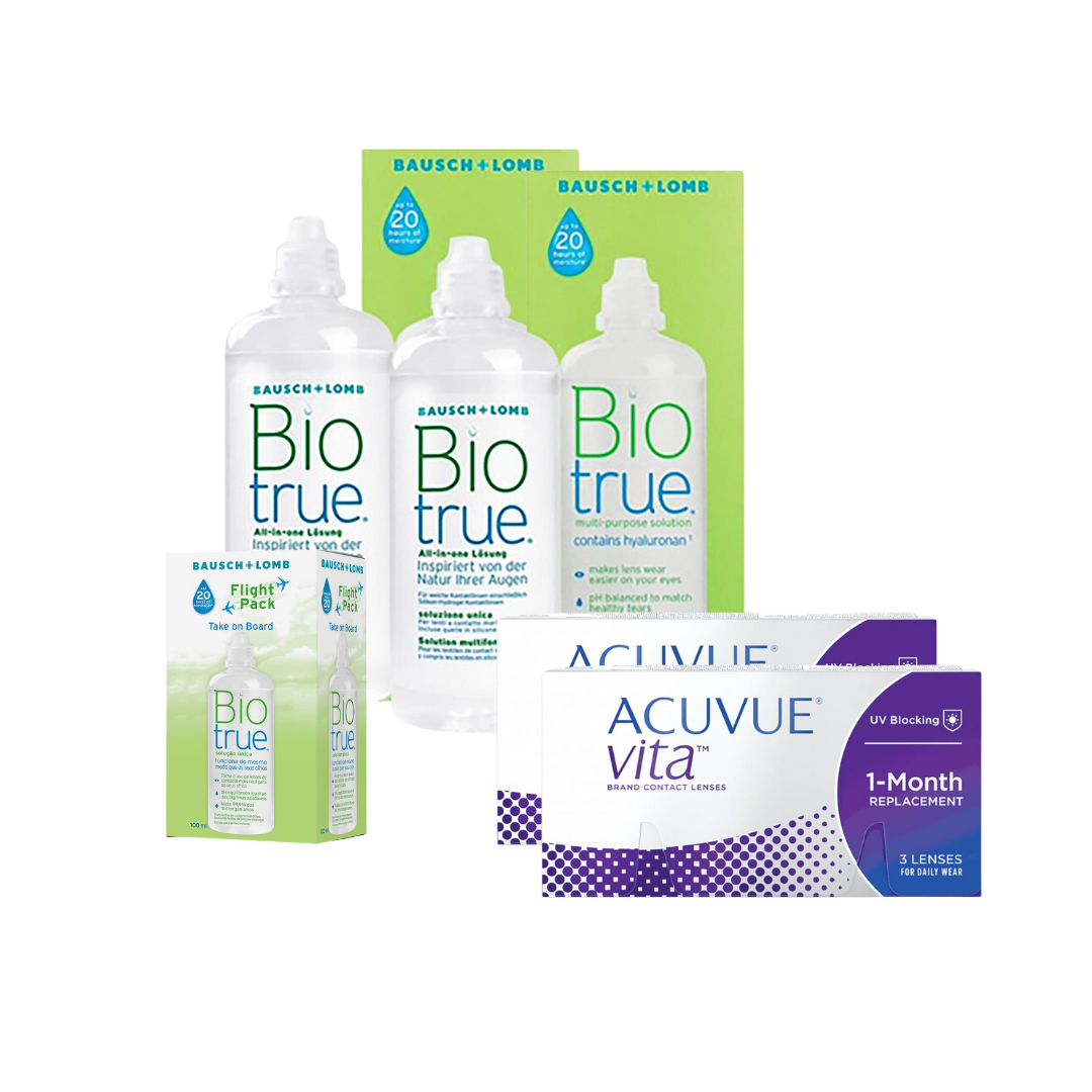 2 Cx Acuvue Vita 6 Lentes + 2x Biotrue 300 ML + Kit Viagem