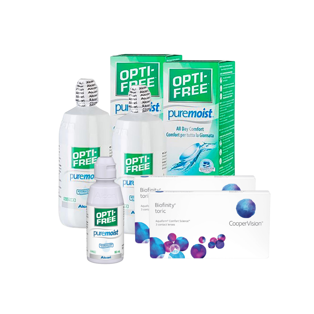 2 Cx Biofinity Toric 6 lentes + 2x Optifree Pure Moist 300 ML + Kit Viagem