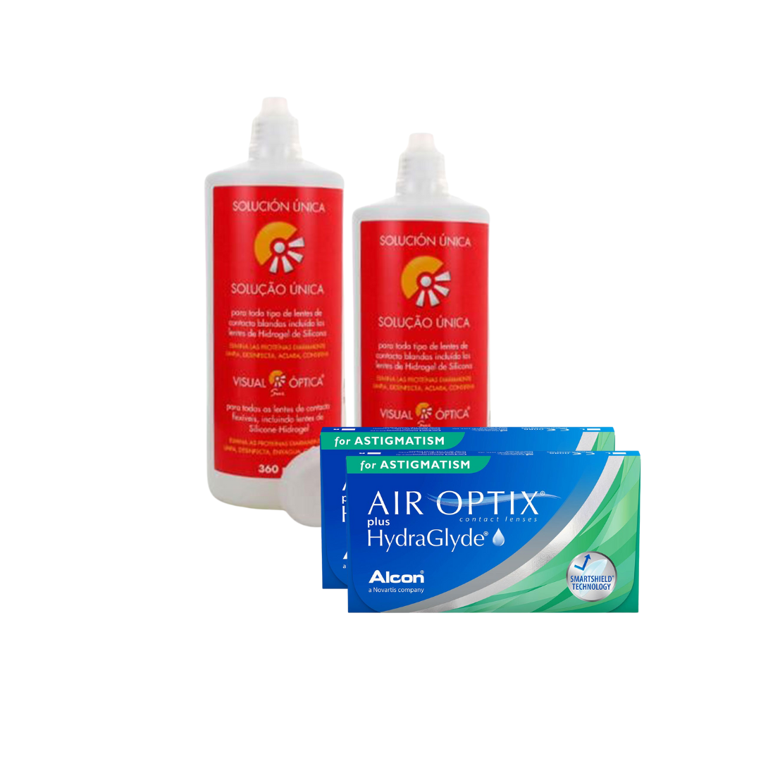 2 Cx AIR OPTIX Plus HydraGlyde for Astigmatism 6 lentes + 2 Solução Unica 300 ML