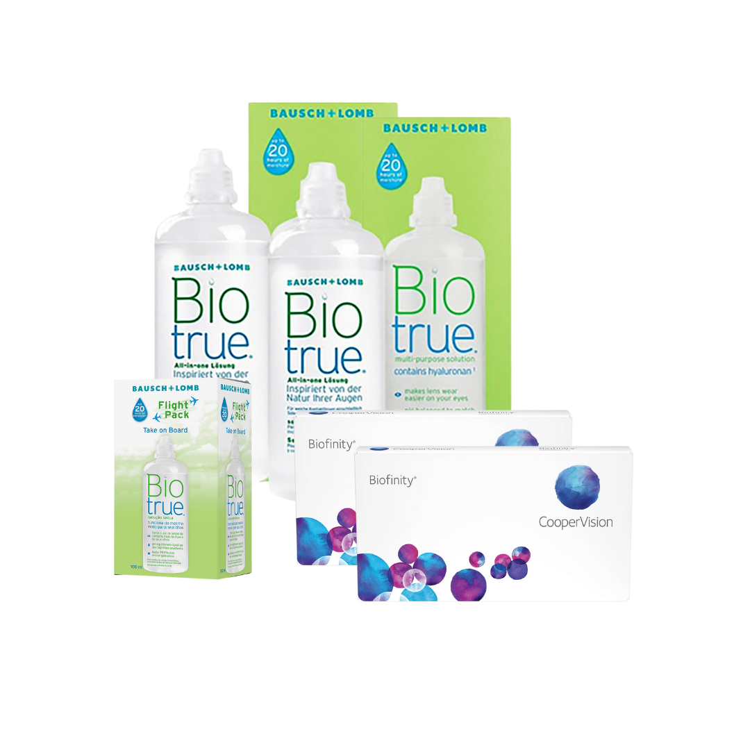 2 Cx Biofinity 6 lentes + 2x Biotrue 300 ML + Kit Viagem