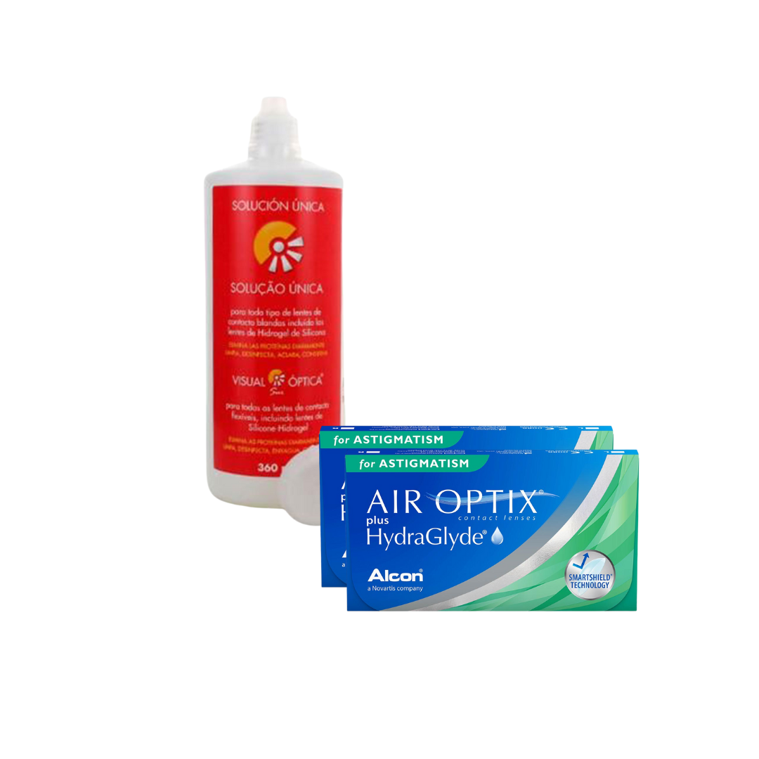 2 Cx AIR OPTIX Plus HydraGlyde for Astigmatism 3 lentes + Solução Unica 300 ML