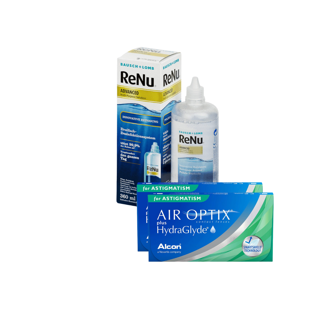 2 Cx AIR OPTIX Plus HydraGlyde for Astigmatism 3 lentes + Renu Advanced 300 ML