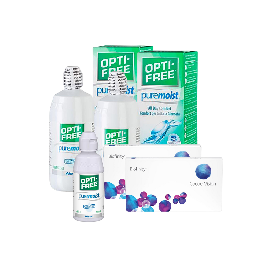 2 Cx Biofinity 6 lentes + 2x Optifree Pure Moist 300 ML + Kit Viagem