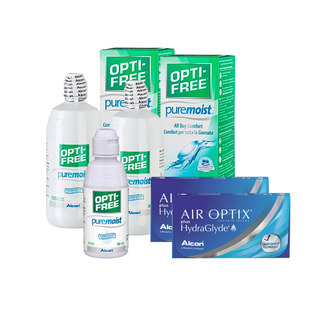 2 Cx AIR OPTIX Plus HydraGlyde 6 lentes + 2x Optifree Pure Moist + Kit Viagem
