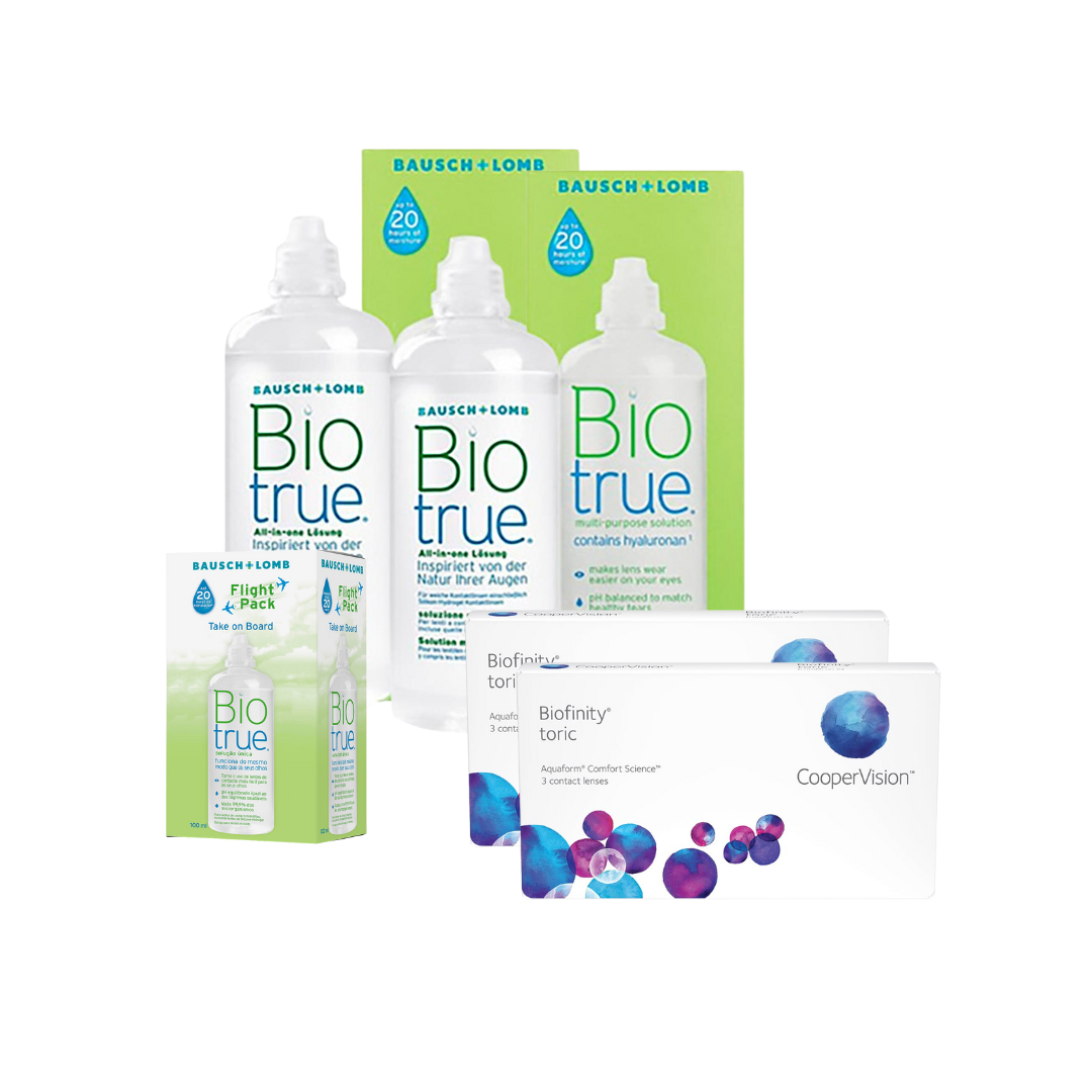 2 Cx Biofinity Toric 6 lentes + 2x Biotrue 300 ML + Kit Viagem